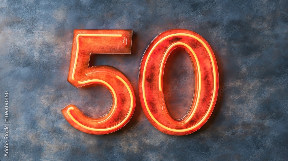 Neon Glowing Number 50 on a Textured Background for Anniversaries, Birthdays, and Celebrations. Neon Glowing Number 50 on a Textured Background for Anniversaries, Birthdays, and Celebrations.