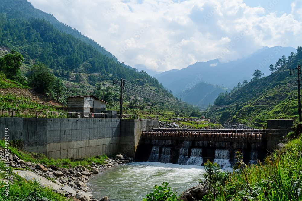 Dam structure on a river surrounded by mountains in daylight Dam structure on a river surrounded by mountains in daylight