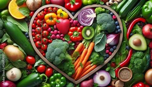 organic and fresh vegetables in heart shape on background. vegan or vegetarian concept. healty foods.