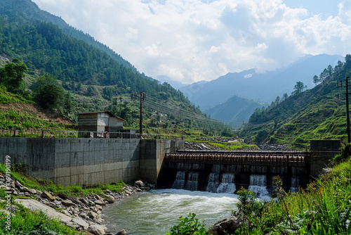 Dam structure on a river surrounded by mountains in daylight