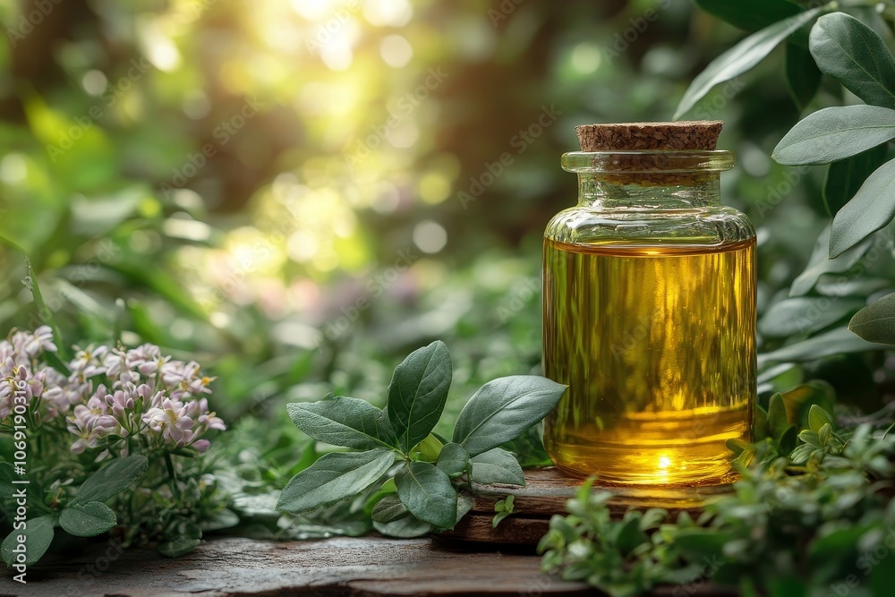 Essential Oil in Glass Bottle with Green Leaves and Flowers Essential Oil in Glass Bottle with Green Leaves and Flowers