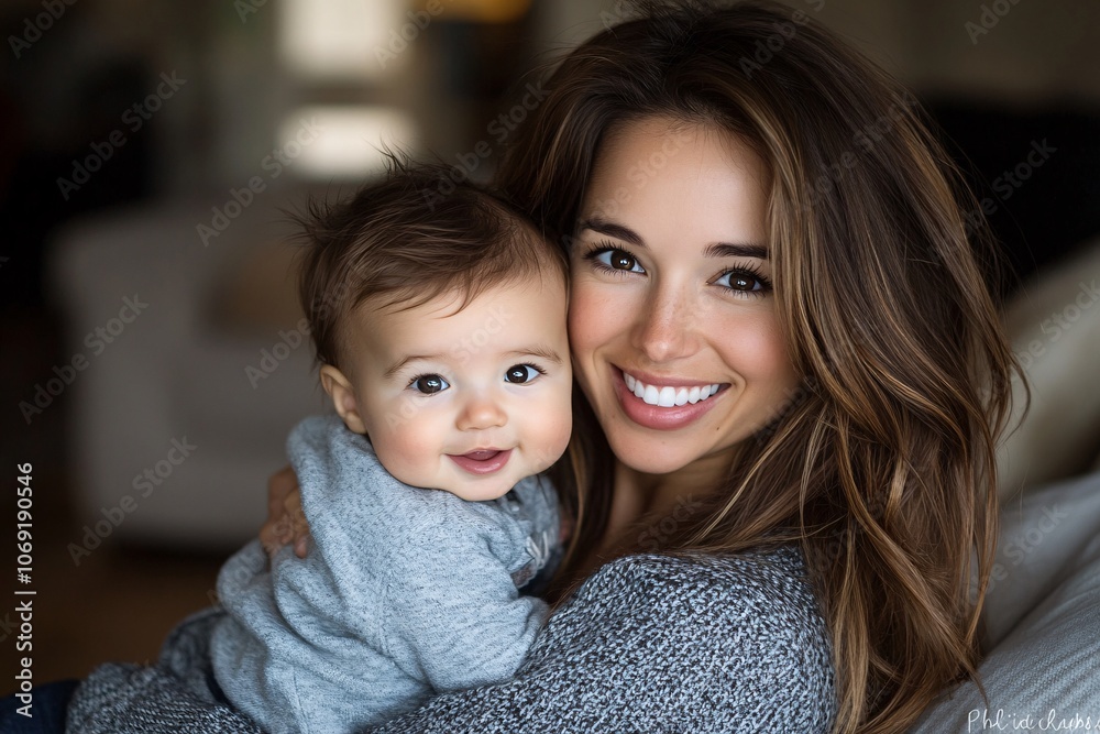 A joyful mother holding her smiling baby in cozy sweaters during a warm indoor family moment A joyful mother holding her smiling baby in cozy sweaters during a warm indoor family moment