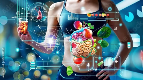 Digital visualization of a woman's digestive system with nutrition and health data, representing wellness, fitness, and medical technology. 4K video