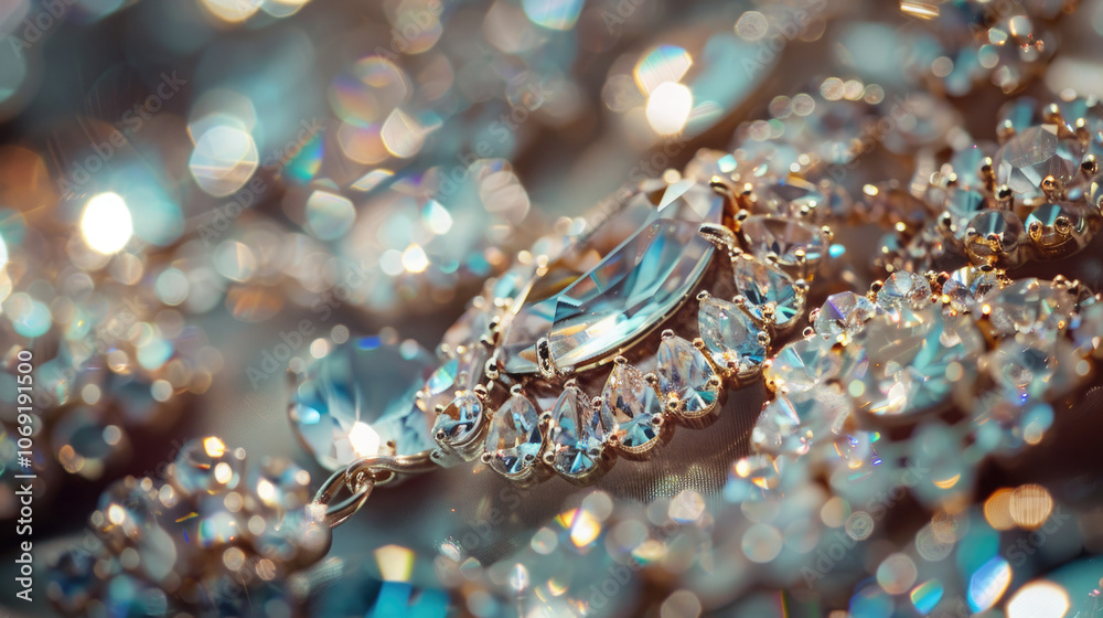 Sparkling Close-Up of Elegant Crystal Jewelry with Brilliant Light Reflections and Intricate Details in a Luxurious Setting