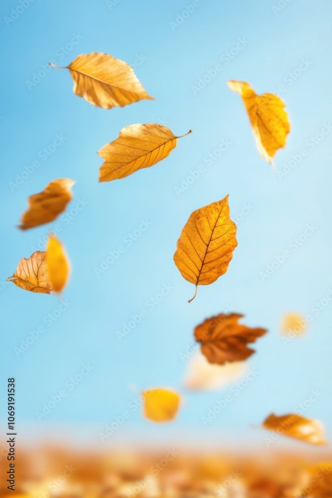 Autumn leaves floating in the air against a clear blue sky Autumn leaves floating in the air against a clear blue sky