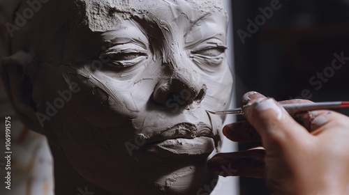 Artist Sculpting a Detailed Clay Bust with Precision Tools in a Studio Setting photo