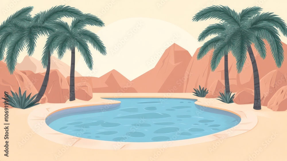 A serene desert scene featuring a pool surrounded by palm trees and mountains.