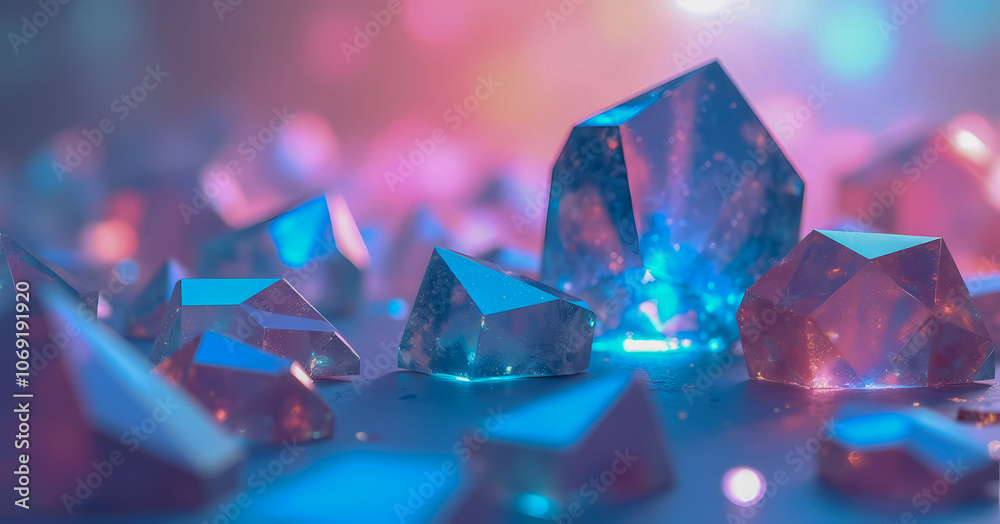 A close-up of geometric crystals in shades of blue and pink, with soft, glowing reflections creating a calm and surreal ambiance. A close-up of geometric crystals in shades of blue and pink, with soft, glowing reflections creating a calm and surreal ambiance.