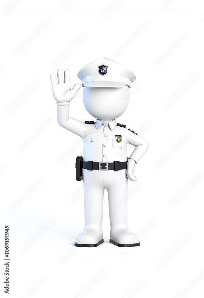 3D stick figure police officer directing traffic minimalist style public safety message copy space