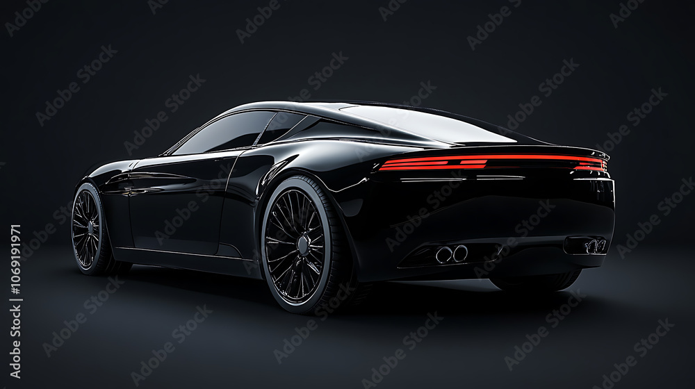 Back view of a generic and brandless modern black car on a dark background Back view of a generic and brandless modern black car on a dark background