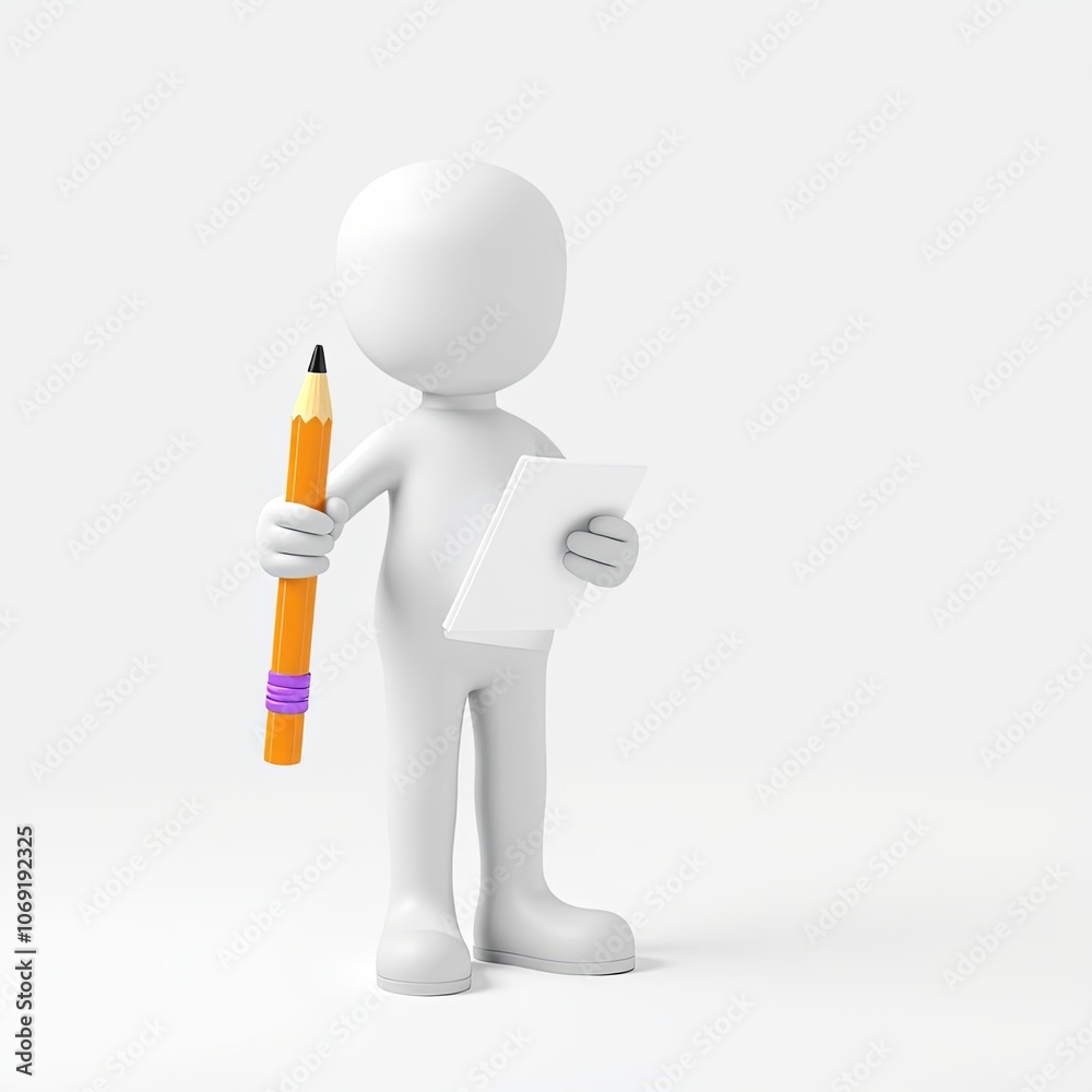 3D minimalist white stick figure holding a giant pencil, ideal for creativity and education themes, with ample copy space for educational or artistic content 3D minimalist white stick figure holding a giant pencil, ideal for creativity and education themes, with ample copy space for educational or artistic content