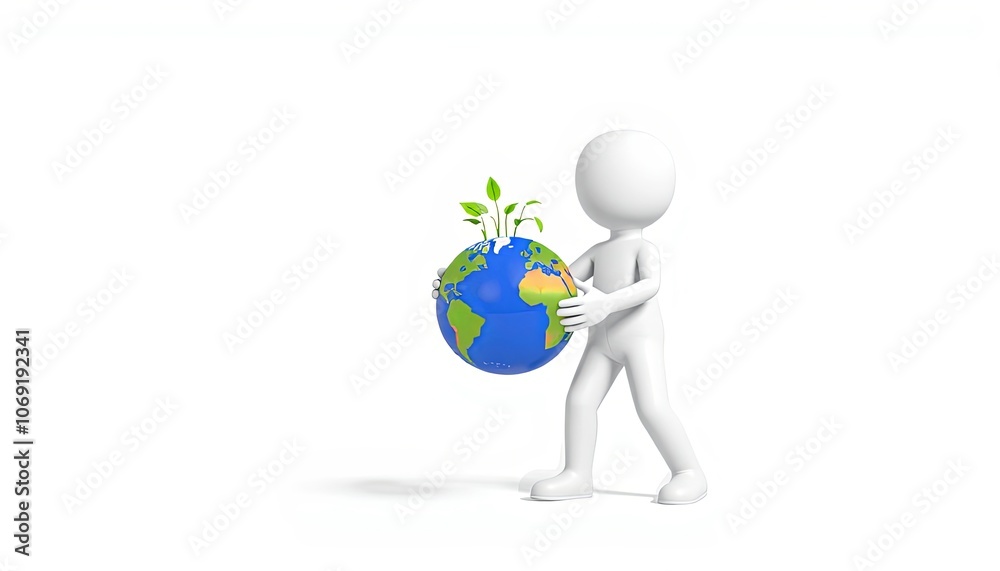 3D minimalist white stick figure holding a sustainable globe with plants, ideal for eco-friendly visuals and environmental awareness campaigns with copy space