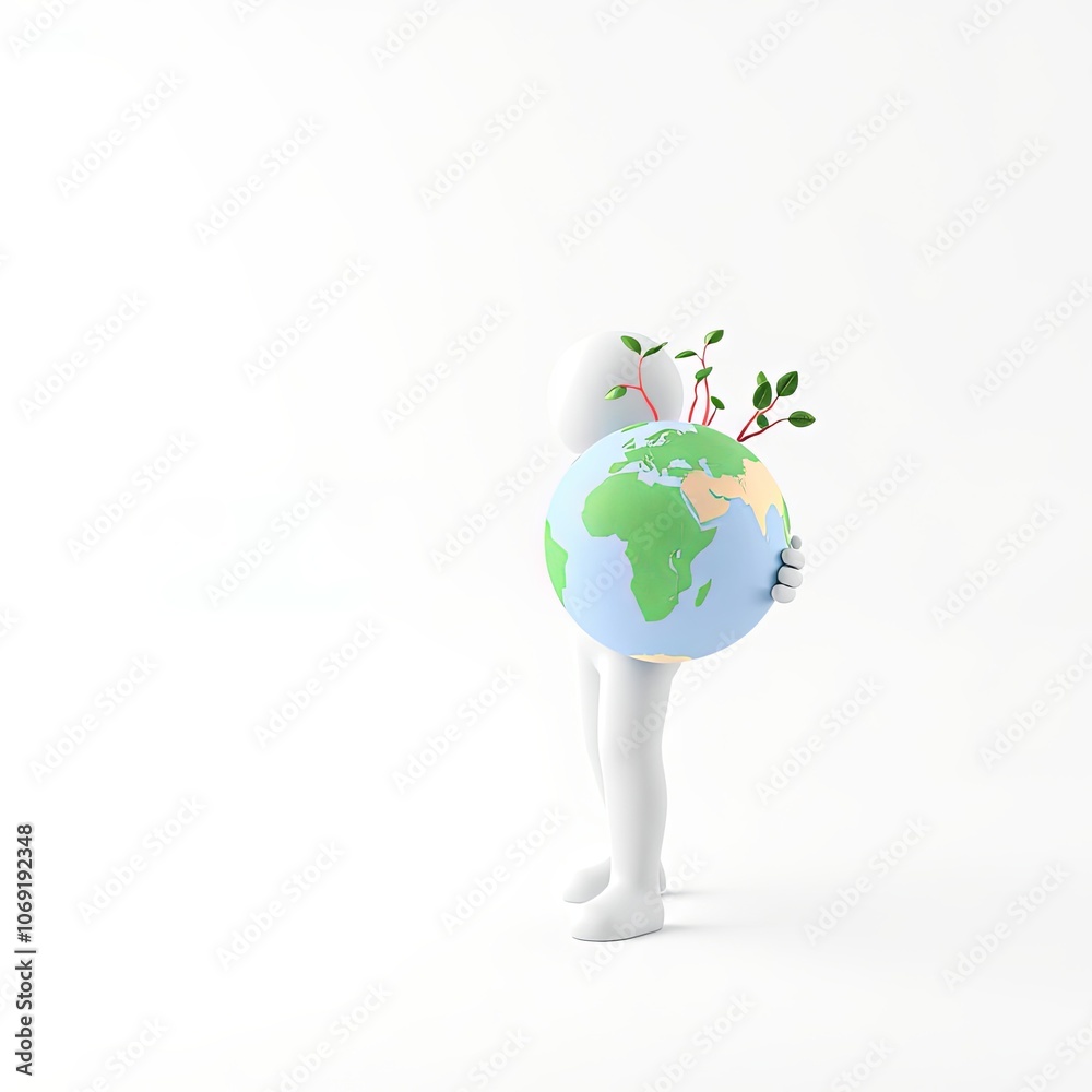 3D minimalist stick figure with globe and plants for sustainability themes with copy space for eco-conscious messaging 3D minimalist stick figure with globe and plants for sustainability themes with copy space for eco-conscious messaging