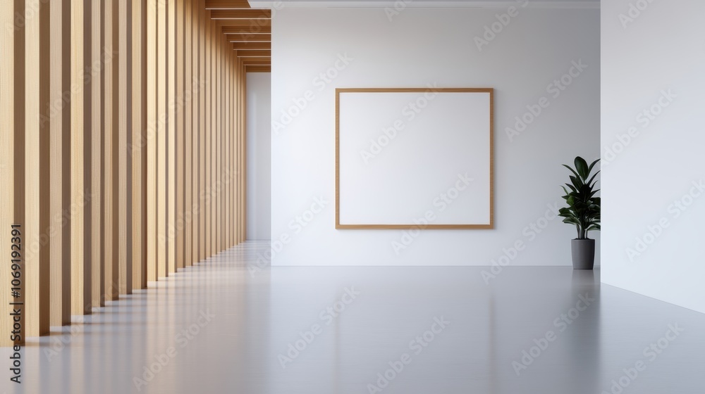 Empty wooden frame on white wall in modern interior with potted plant and wooden panel decor