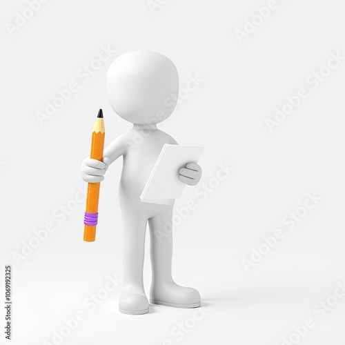 3D minimalist white stick figure holding a giant pencil, ideal for creativity and education themes, with ample copy space for educational or artistic content