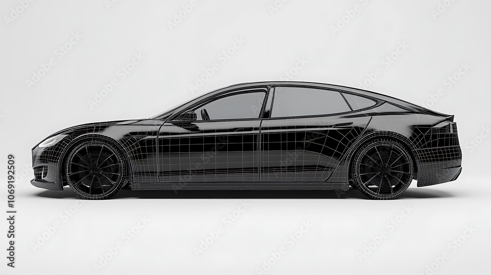 Fototapeta premium Black and wireframe generic and unbranded car, 3D illustration