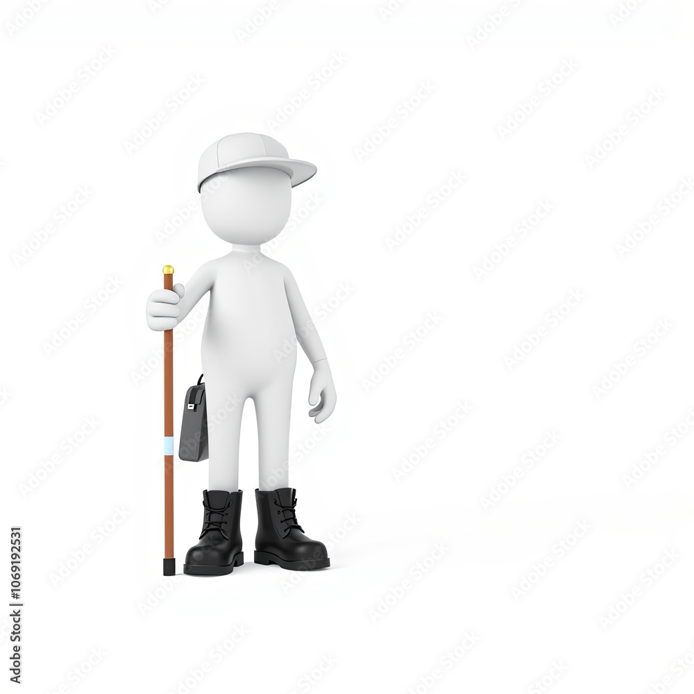 3D minimalist white stick figure trekking adventurer with walking stick and hiking boots, ideal for adventure travel themes and with copy space for travel or outdoor content 3D minimalist white stick figure trekking adventurer with walking stick and hiking boots, ideal for adventure travel themes and with copy space for travel or outdoor content