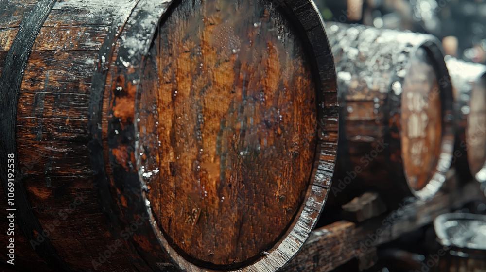 Oak barrels aged in a rustic warehouse filled with natural light and wooden textures Oak barrels aged in a rustic warehouse filled with natural light and wooden textures