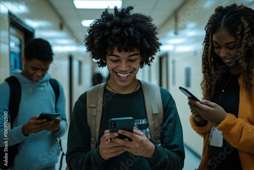 Students engaging with smartphones in a school hallway during afternoon break