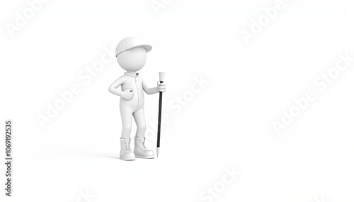 3D minimalist white hiker with walking stick and boots, perfect for adventure and travel themes with copy space