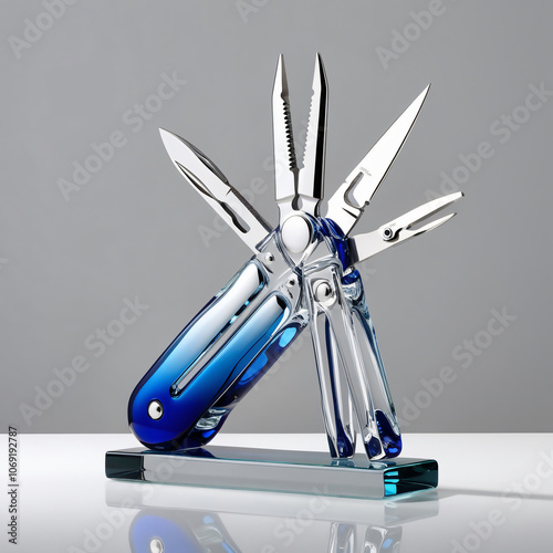 Glass Sculpture of Multitool with Intricate Details, Gradient from Blue to Silver, Modern and Elegant Design, Generative AI