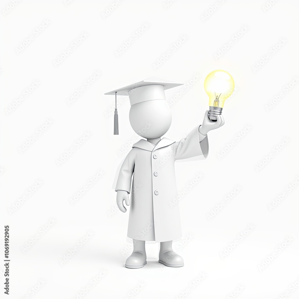 3D stick figure graduate with glowing light bulb, minimalist design for educational content with copy space 3D stick figure graduate with glowing light bulb, minimalist design for educational content with copy space
