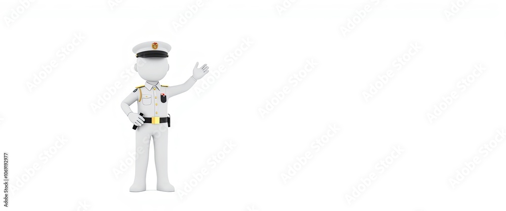 Obraz premium 3D stick figure police officer directing traffic minimalist white background public safety content copy space