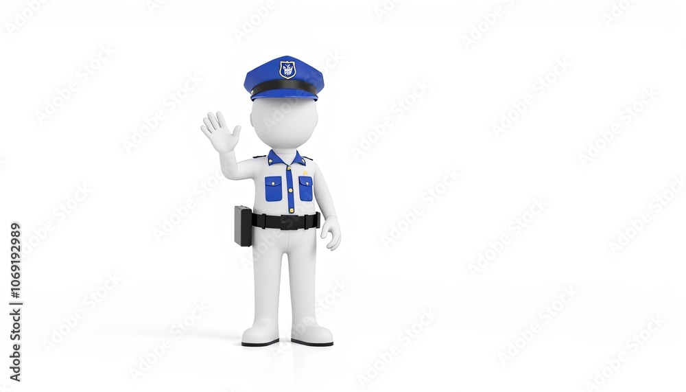3D Police Officer Stick Figure, White Minimalist Design, Ideal for Public Safety Content with Copy Space 3D Police Officer Stick Figure, White Minimalist Design, Ideal for Public Safety Content with Copy Space