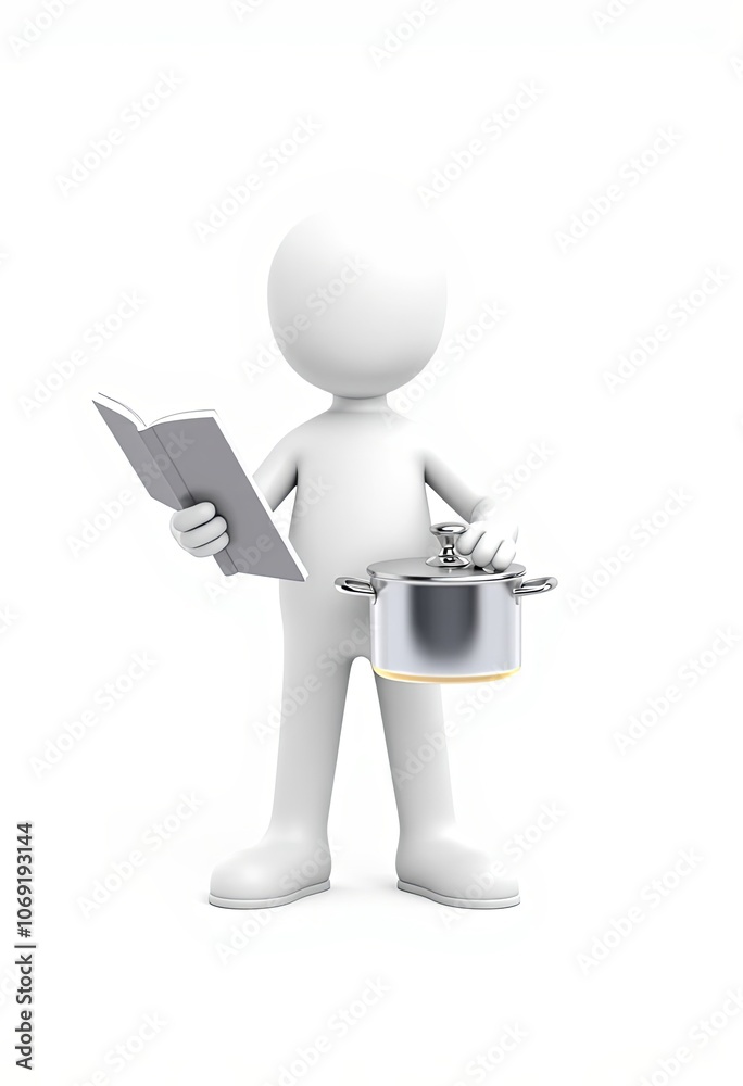 3D minimalist stick figure chef with cooking pot and recipe book, ideal for culinary themes and educational content with copy space 3D minimalist stick figure chef with cooking pot and recipe book, ideal for culinary themes and educational content with copy space
