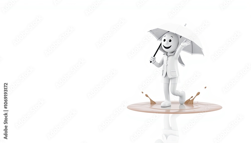 3D stick figure character enjoying rain, minimalist joy theme, resilience symbol, modern office inspiration with copy space