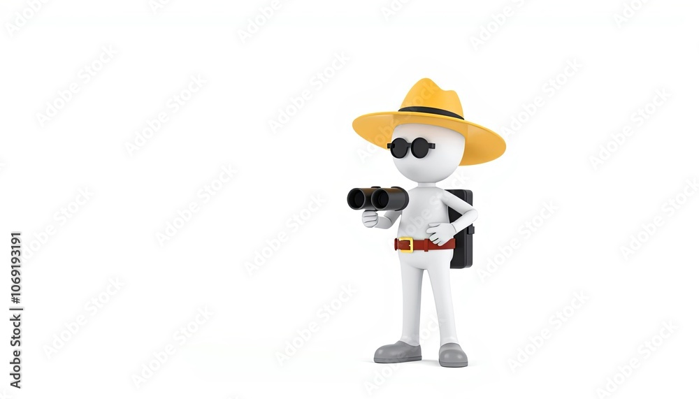 3D stick figure adventurer in safari hat with binoculars, minimalist style for travel and wildlife visuals with copy space 3D stick figure adventurer in safari hat with binoculars, minimalist style for travel and wildlife visuals with copy space