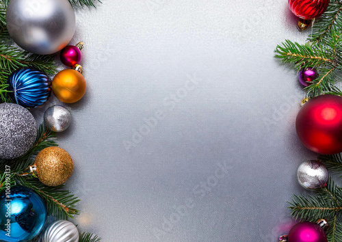 colourful Christmas decorations on a silver background