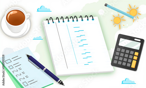 Illustration showcases the fundamental tools for efficient bookkeeping and accounting spiral-bound notebook with a lined page, a blue pen, a calculator, a cup of coffee, and a pencil