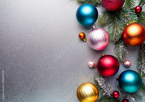 colourful Christmas decorations on a silver background