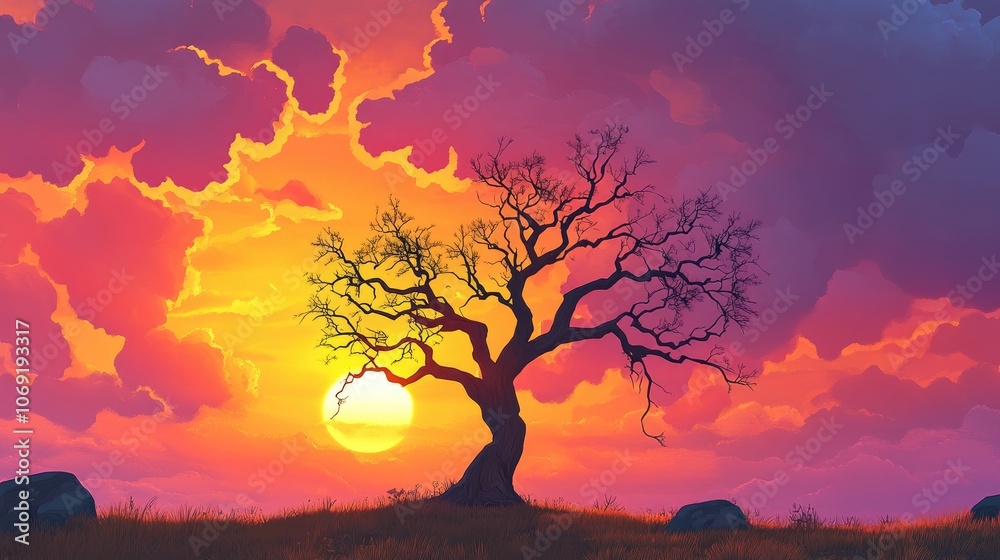 Dry tree silhouette against a vibrant sunset sky perfect for nature themed decor
