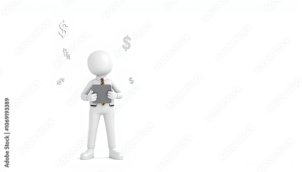 3D stick figure in business attire with tablet, symbolizing financial success, perfect for financial presentations and business slides with copy space 3D stick figure in business attire with tablet, symbolizing financial success, perfect for financial presentations and business slides with copy space