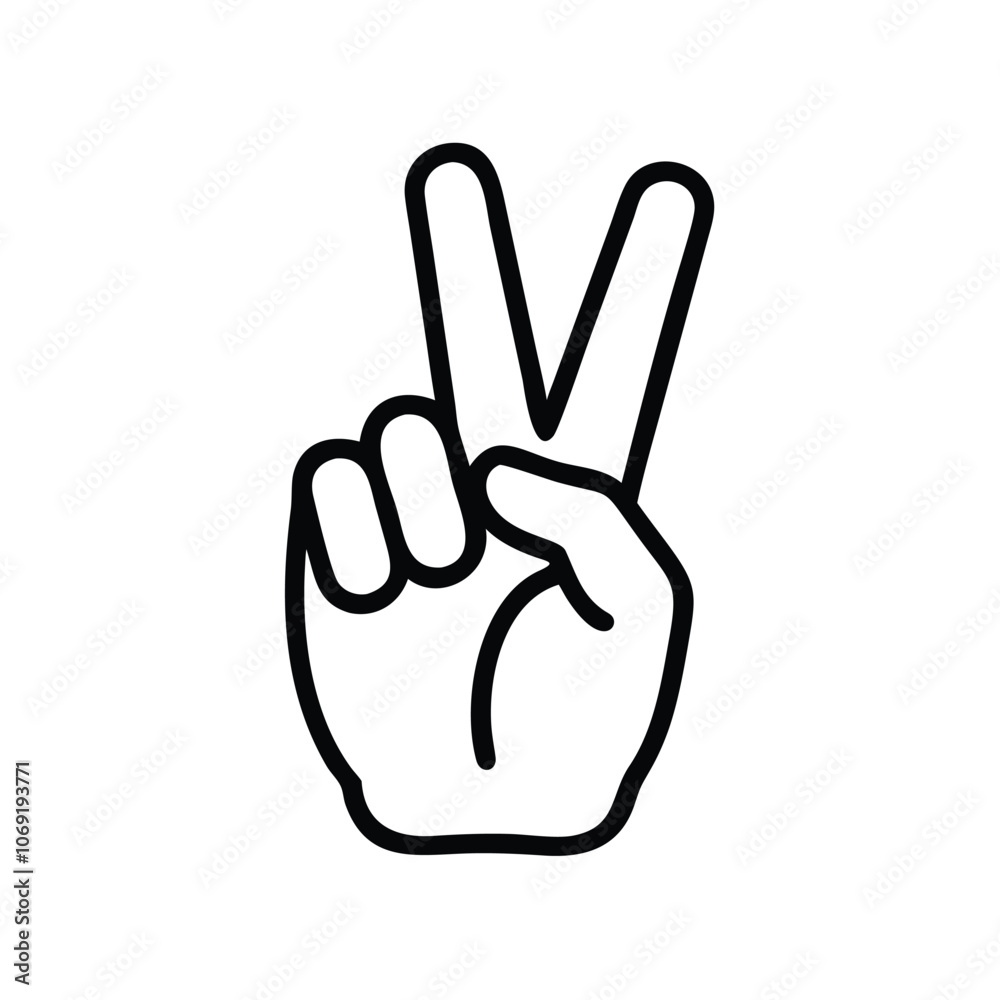 Obraz premium Peace Sign Hand Gesture Outline Icon, Minimalist black outline of a hand making a peace sign, symbolizing harmony, victory, and positivity, ideal for social and motivational themes. 