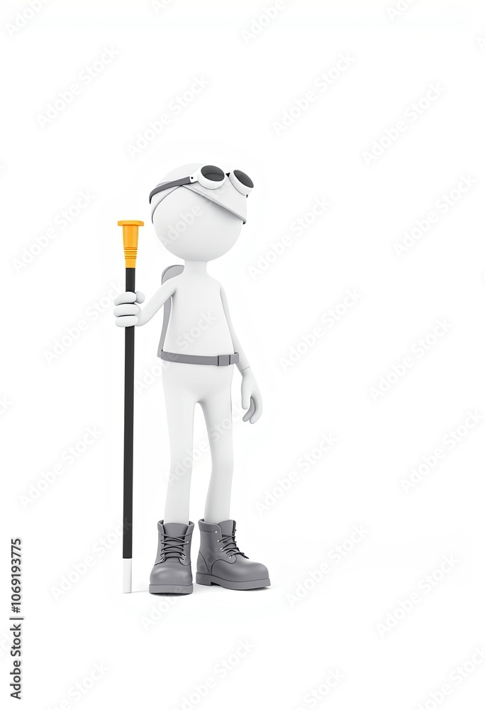 3D minimalist white stick figure with hiking gear, ideal for adventure and travel themes, with copy space for text 3D minimalist white stick figure with hiking gear, ideal for adventure and travel themes, with copy space for text