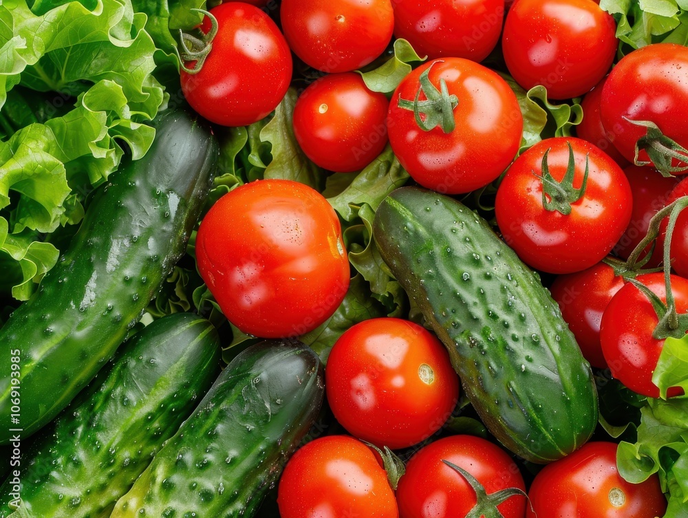 A background of assorted vegetables, including tomatoes, cucumbers, and lettuce, highlighting their natural colors and textures