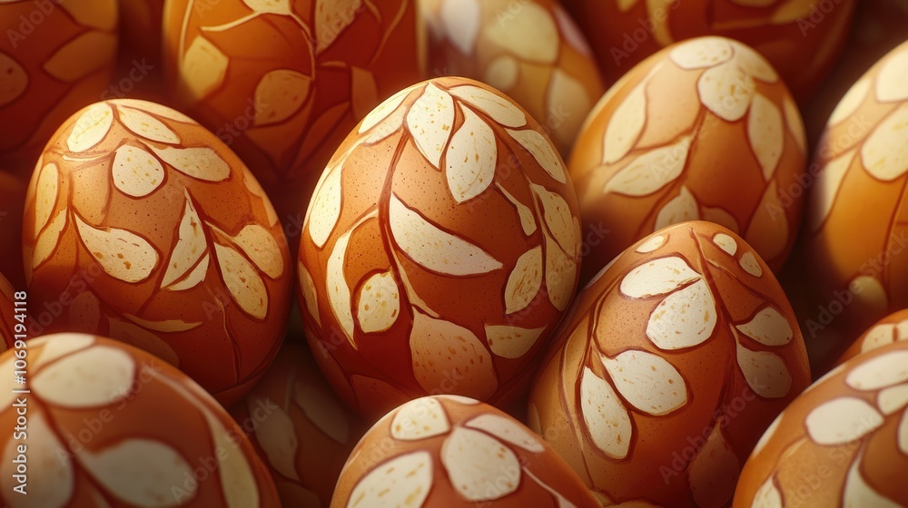 Closeup of brown eggs dyed with onion peels showcasing intricate leaf patterns perfect for Easter decorations Closeup of brown eggs dyed with onion peels showcasing intricate leaf patterns perfect for Easter decorations