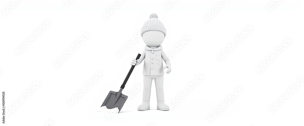 3D White Stick Figure Character with Snow Shovel: Winter Resilience Symbol, Ideal for Seasonal Content and Resilience Themes with Copy Space 3D White Stick Figure Character with Snow Shovel: Winter Resilience Symbol, Ideal for Seasonal Content and Resilience Themes with Copy Space