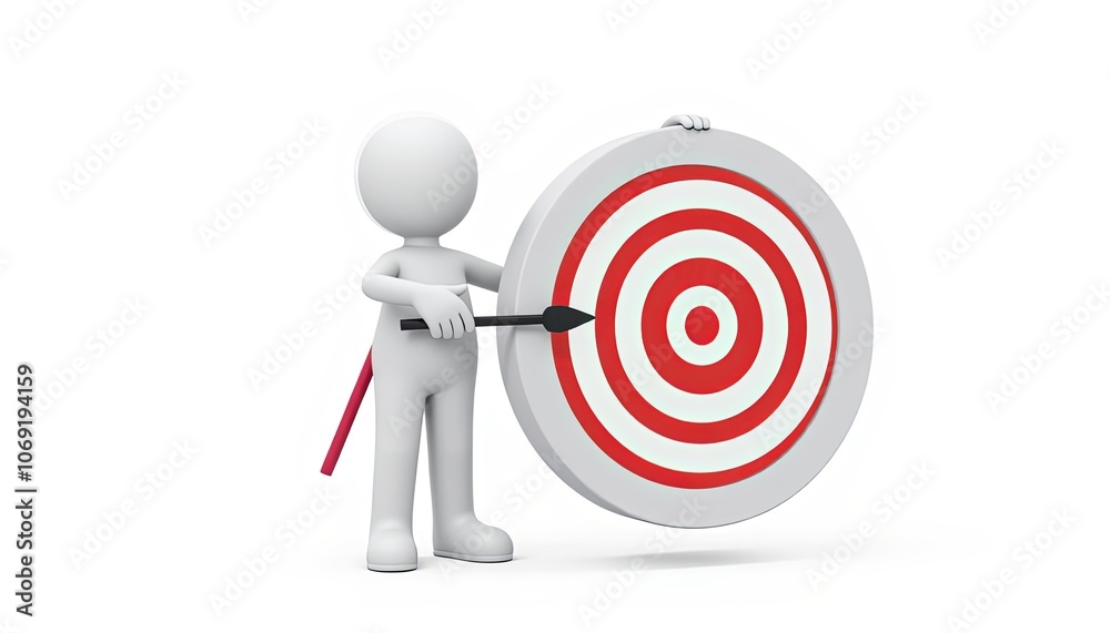 3D White Stick Figure Motivational Character with Goal Target for Business Presentations and Goal-Setting Content with Copy Space 3D White Stick Figure Motivational Character with Goal Target for Business Presentations and Goal-Setting Content with Copy Space