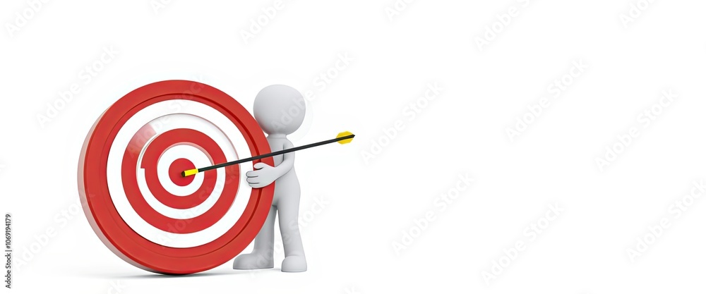 3D white stick figure aiming at a target, motivational achievement symbol, ideal for goal-setting visuals with copy space for messaging 3D white stick figure aiming at a target, motivational achievement symbol, ideal for goal-setting visuals with copy space for messaging