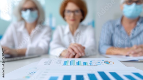 Blurred view of female doctors in masks analyzing financial graphs on a table.