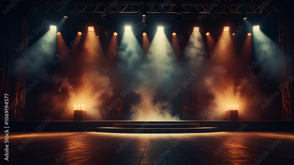 Obraz premium Illuminated stage with scenic lights and smoke 