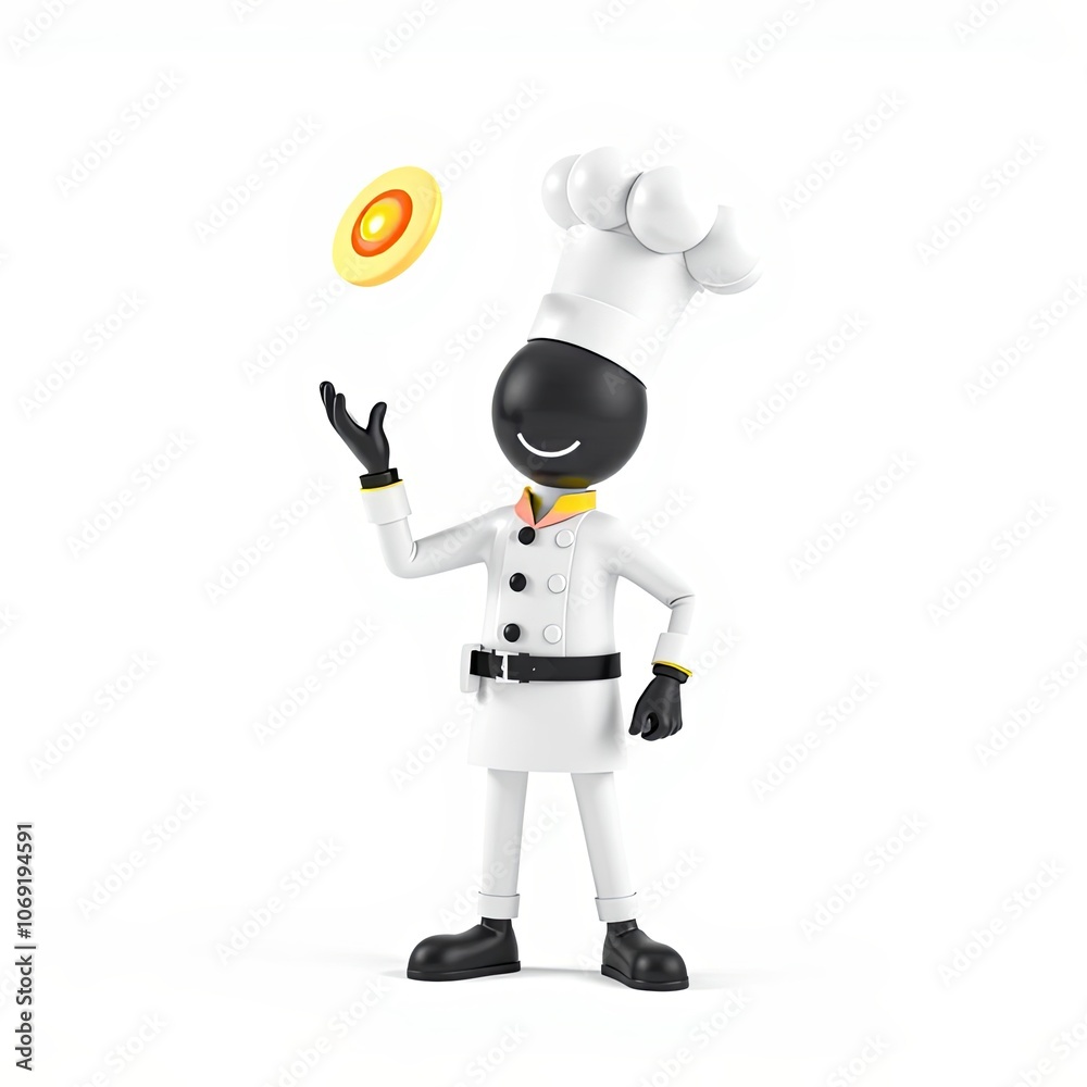 3D stick figure chef flipping pancake minimalist style culinary theme cooking breakfast with copy space 3D stick figure chef flipping pancake minimalist style culinary theme cooking breakfast with copy space