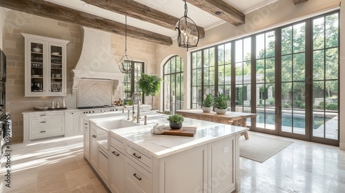 Modern Kitchen with White Cabinets, Marble Island, and Large Windows Overlooking a Pool