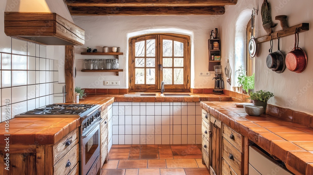 Fototapeta premium Rustic Kitchen with Exposed Beams, Tile Countertops, and Window Views