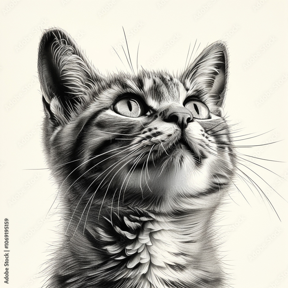 A curious tabby cat gazing upwards in soft light, capturing its playful spirit A curious tabby cat gazing upwards in soft light, capturing its playful spirit