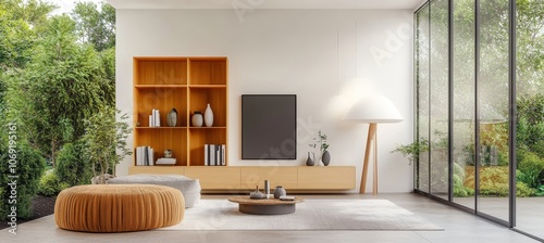 Minimalist living room interior with wooden furniture, biophilic design elements, and large windows photo